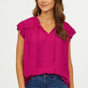 Carolina Belle Pink Flutter Sleeve Ruffled Blouse Size SMALL EUC